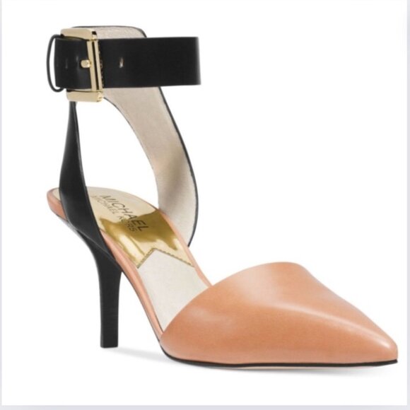 Michael KORS JULIETA Black Tan Leather Wide Ankle Strap Pointed Toe Slingback 8M - Picture 2 of 16